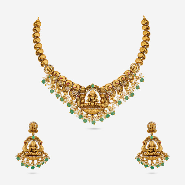 18K Gold-Plated Antique Ruby Studded & Beaded Jewellery Set